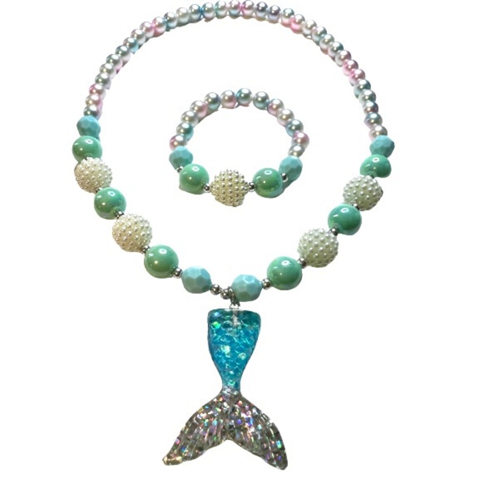 Mermaid Pendant Necklace, Toddler Sparkly Bead Necklace & Bracelet